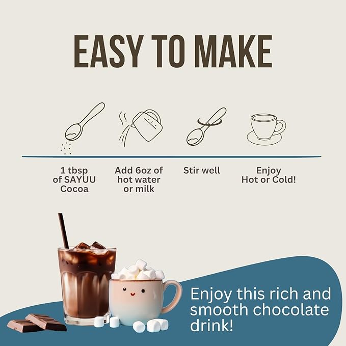 SAYUU Mushroom Coffee Hot Cocoa Mix ?“Instant Coffee Blend Enriched with Reishi, L-Theanine, Melatonin, Rich Cacao Flavor, Gut & Immune Health Support, Quick & Easy Bedtime Drink - 20 Servings