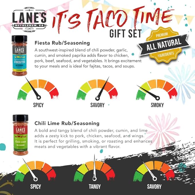 Lane's It's Taco Time Mexican Seasoning, All-Natural 4 Rubs Gift Set of Fiesta Taco Seasoning Mix, Chili Lime Seasoning, Spellbound Hot Rub & SPG Rub