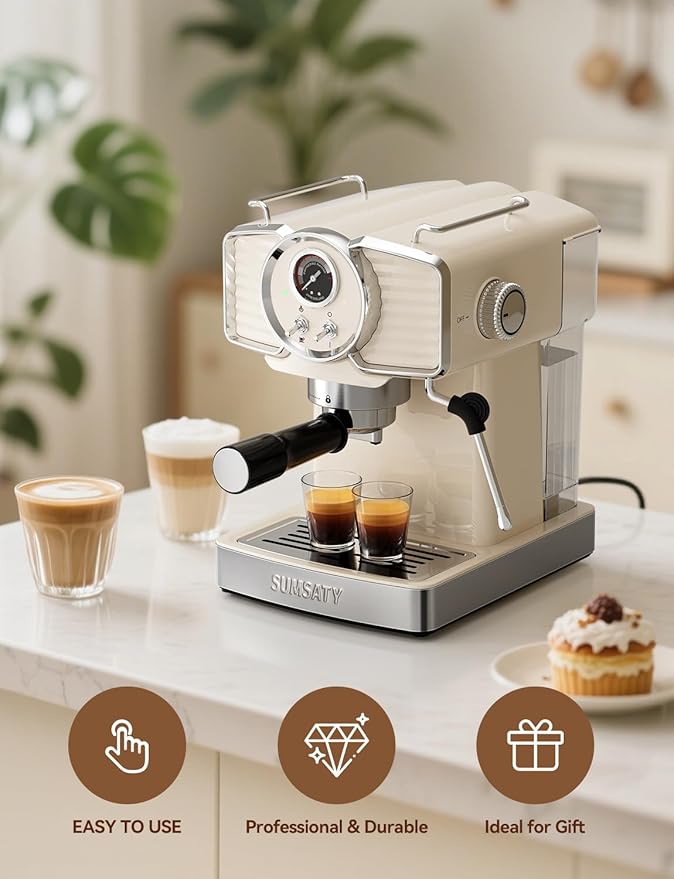 Espresso Machine 20 Bar, Professional Espresso Maker with Milk Frother Steamer Wand, Retro Coffee Maker Cappuccino & Latte Machine for Home, 1.8L Removable Water Tank, Off-white