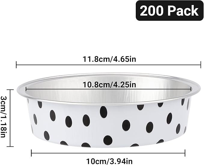 Beasea Aluminum Ramekins Disposable, 200 Pack 4" 7.3oz 215ml Baking Foil Cups Mini Ramekin Cup Cupcake Aluminum Baking Cups No Lids for Party - Black Dot in White