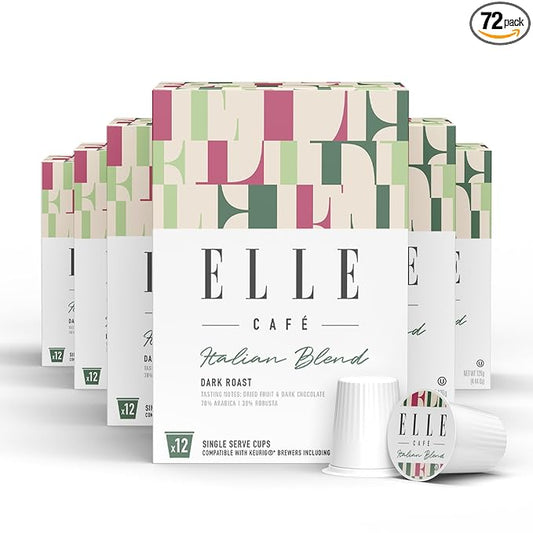 ELLE Café© Italian Blend K-Cup Pods - 72 Count - 100% Arabica Coffee, Flavor Notes of Dried Fruit & Dark Chocolate - Single-Serve Coffee Pods