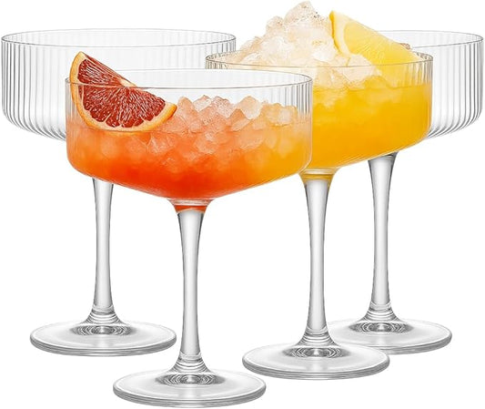 Vintage 4 Pcs Ribbed Coupe Glasses, 11 oz 100% Crystal Coupe Glass Set, Unique Martini Glass, Classic Cocktail Glassware, Bar Drinking Glasses Set Pefect for Cocktail, Wine, Champagne, Espresso Gift