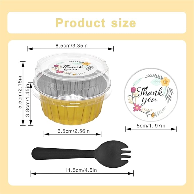 100 PCS Aluminium Foil Baking Cups, Mini Cake Pans with Lids and 100 PCS Spoons, 5 oz Disposable Baking Cups Foil Ramekins For Party Birthday Wedding Valentines (Gold)