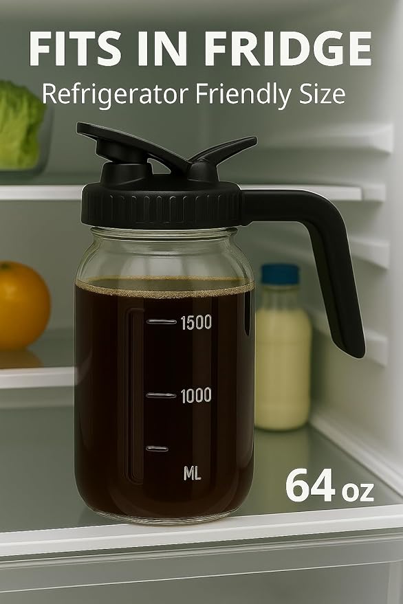 Cold Brew Coffee Maker 64OZ Marson Jars Wide Mouth Glass Picther Spout Lid with Stainless Steel Filter,Leakproof Maker for Iced Tea,Espresso,Lemonade-Black