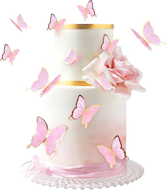 30pcs Pink Gold Edge Mixed Size Lively 3D Waterproof Swllowtail Butterfly Cupcake Topper for Girls Women's Happy Birthday Wedding Party Cake Wall Party Food Decorations