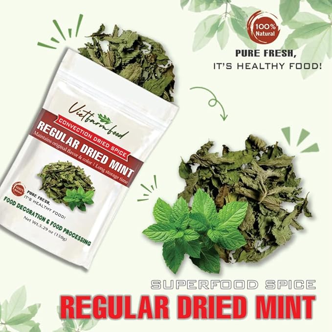REGULAR DRIED MINT 5.29 Oz (150g) VIETFARMFOOD: Natural pure, convection dried seasoning made from real vegetables - perfect for adding flavor to any meal, from cooking, baking, salads, soups, sauces