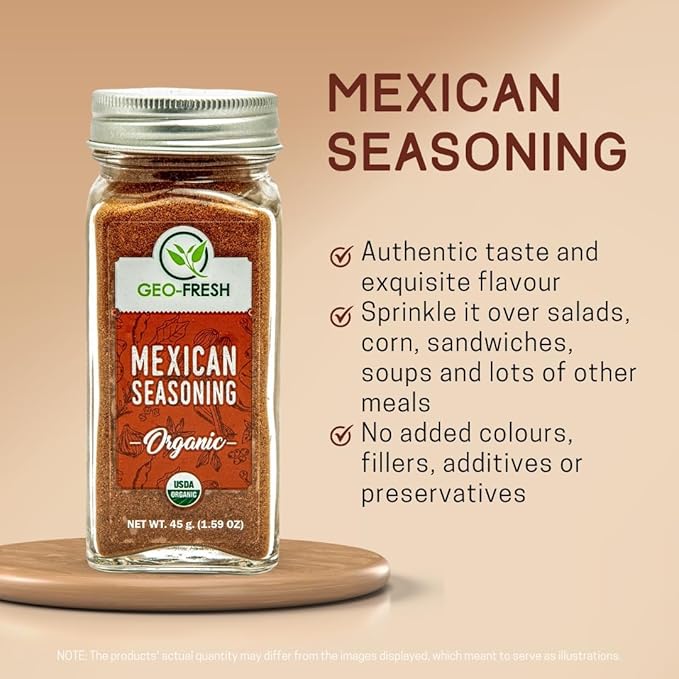 Geo-Fresh Organic Mexican Seasoning, 1.59 oz (45g), Taco Seasoning, Non-GMO, Kosher, 100% Organic Herbs, Chilli Powder, Onion Powder, Black Pepper, Cumin, Oregano, Garlic, Sugar, and Salt, USDA Certified
