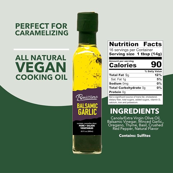 Benissimo Balsamic Garlic Herb Infused Oil & Vinegar Blend, All Natural Gourmet Blend with Bold Balsamic, Roasted Garlic, and Hand-Selected Herbs, Ideal for Drizzling, 8.1 fl oz
