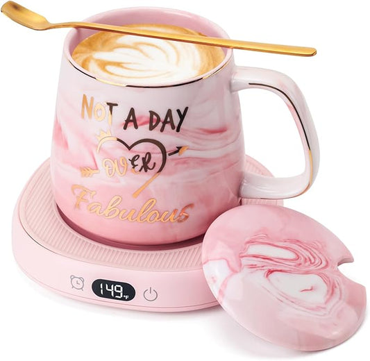 Coffee Mug Warmer & Not A Day Mug Set, Electric Cup Warmer for Desk Office Home, Beverage Warmer with 3 Temperature Setting, 8-Hours Auto Shut Off, Best Birthday Present Ideas for Women