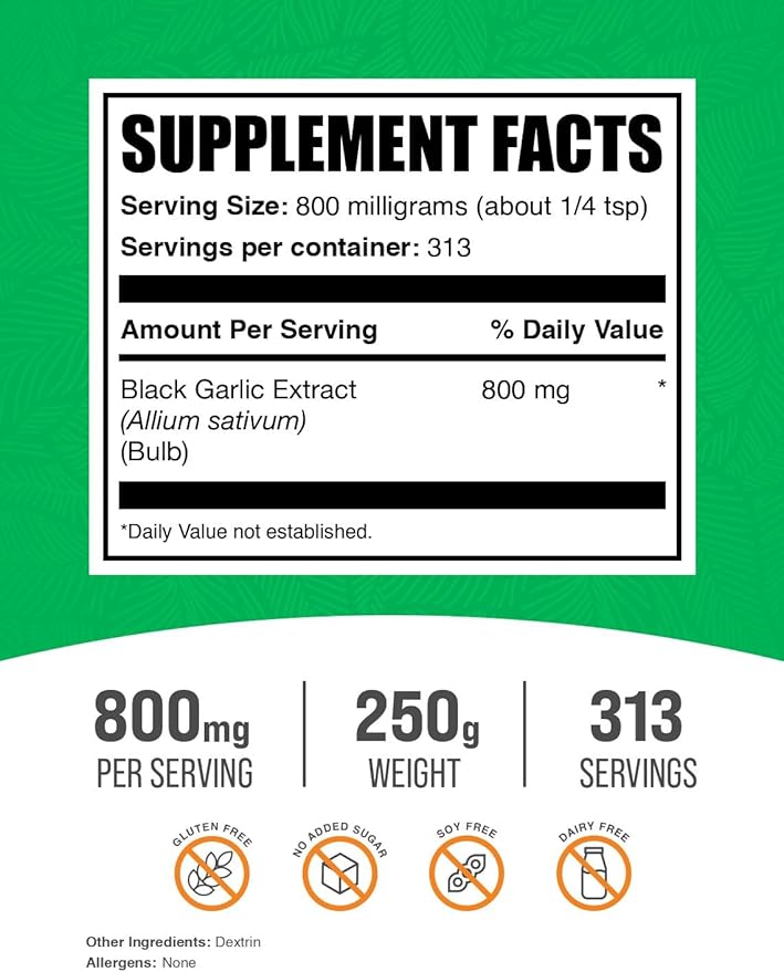 BulkSupplements.com Black Garlic Extract Powder - Aged Garlic Extract, Herbal Supplement - Vegan & Gluten Free, 800mg per Serving, 250g (8.8 oz) (Pack of 1)