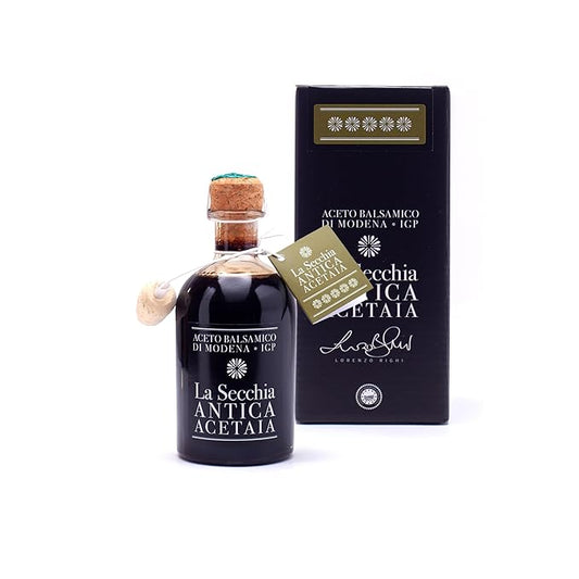 La Secchia - Balsamic Vinegar of Modena PGI "Cinque Stelle", Aged in 20 Barrels of Different Woods, High Density, 250 ml Bottle with Cork Pouring Cap.
