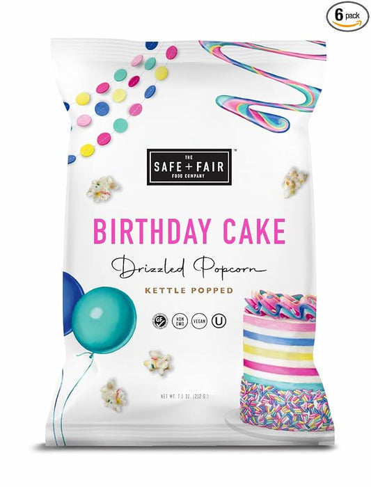 Safe + Fair Birthday Cake Drizzled Popcorn - Gluten-Free, Dairy Free and Vegan Snack - Free From Top 9 Allergens and Artificial Ingredients ??Non GMO, Plant Based Kettle Popped Corn, 5.5 oz