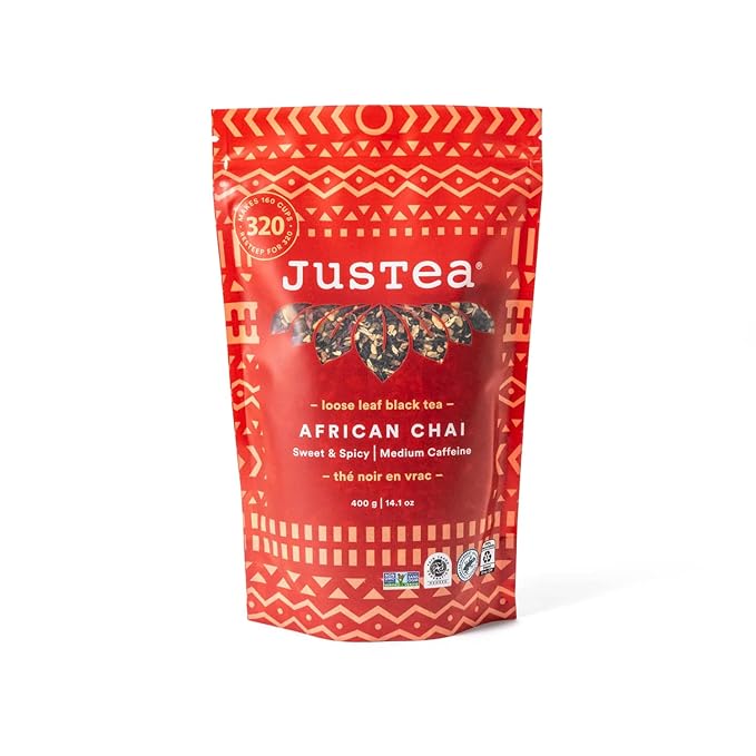 JusTea AFRICAN CHAI | Loose Leaf Black Tea | Recyclable Refill Pouch | 160+ Cups (14.1oz) | Medium Caffeine | Award-Winning | Fair Trade | Non-GMO