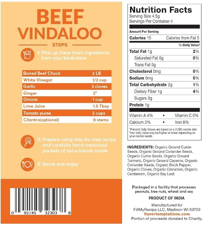 Butter Chicken Makhani, Tandoori Chicken, Beef Vindaloo Indian food spice kits by Flavor Temptations | Home Cook Authentic Indian Food | Organic, Gluten Free, No Sodium (3 Spice Kits)