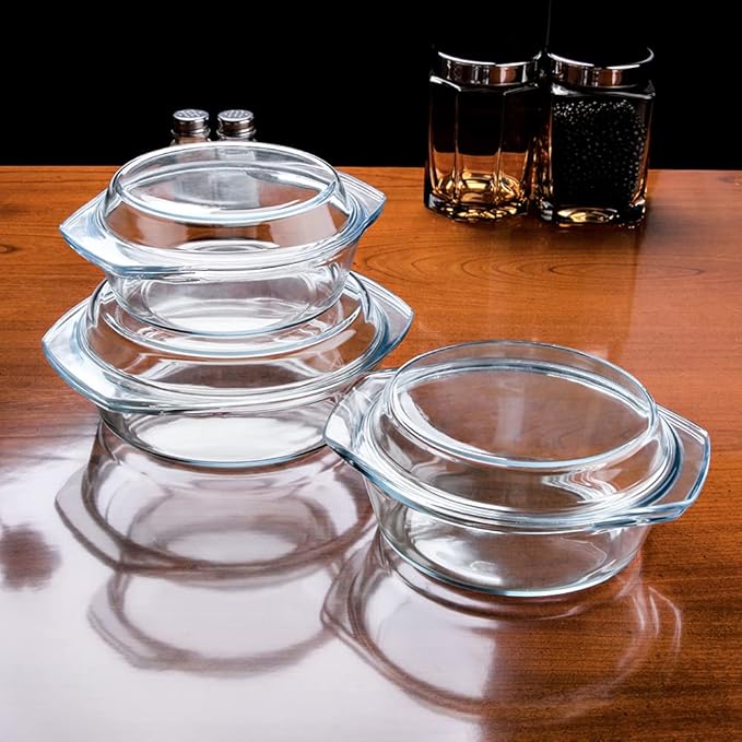 Set of 6 Pieces Round Tempered Glass Casserole Dish with Lids, Glass Casserole Baking Dish Set for Oven, Freezer and Dishwasher Safe - 1QT+1.5QT+1.8QT