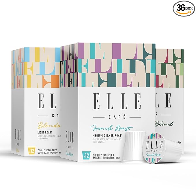 ELLE Café© Variety Pack K-Cup Coffee Pods - 36 Count - Blonde, French Roast, Italian Blend - Single-Serve Coffee Pods