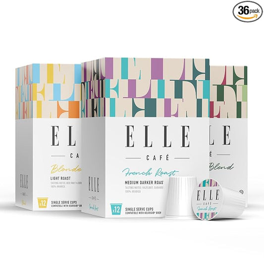 ELLE Café© Variety Pack K-Cup Coffee Pods - 36 Count - Blonde, French Roast, Italian Blend - Single-Serve Coffee Pods