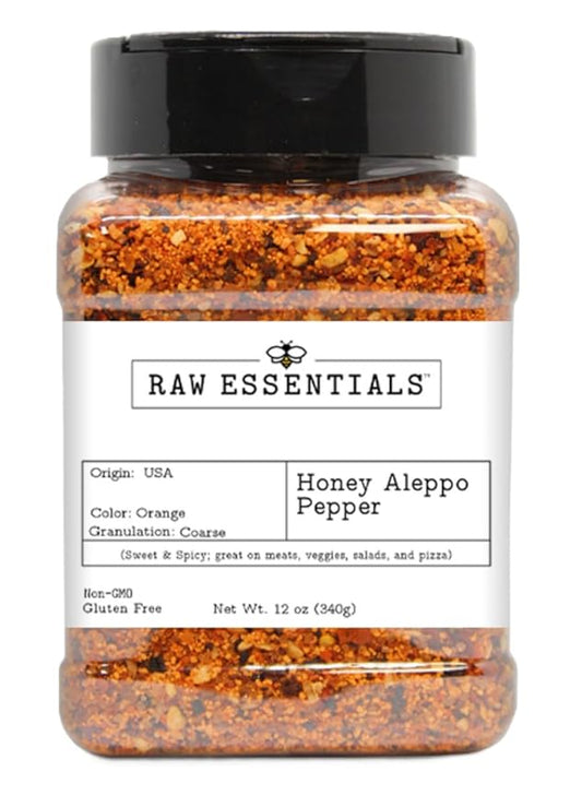 Raw Essentials Honey Aleppo Pepper - Sweet and Spicy - Great on Meats, Veggies, Salads, and Pizza - Non-GMO and Gluten Free -12 Ounce Bottle