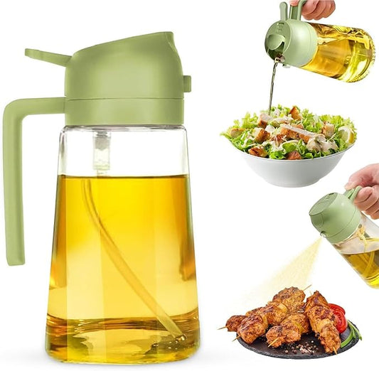 2-in-1 Olive Oil Dispenser Bottle, Spray and Pour, Multi-Use Kitchen Gadget, Food-Grade, Salad Dressing, Air Fryer, Healthy, BBQ, Barbecue (Green)