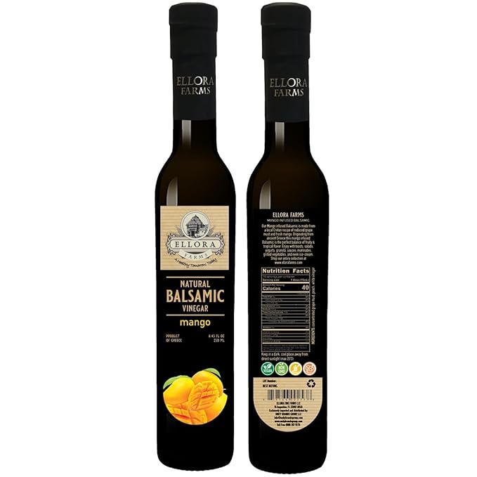 Ellora Farms, Mango fruit Infused Greek Balsamic Vinegar, thick and creamy, no-added sugars, no-preservatives, 8.45 oz. bottle, Pack of 1