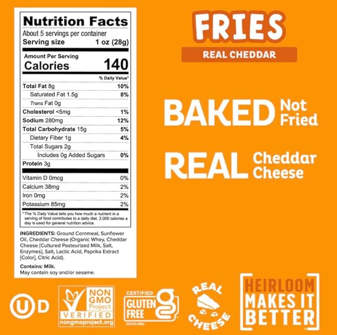 Heirloom Baked Cheddar Fries by Pipcorn - 5oz 6pk - Healthy Snacks, Gluten Free Snacks, Non-GMO, Upcycled Heirloom Corn Flour, Vegan, Baked Not Fried Snacks