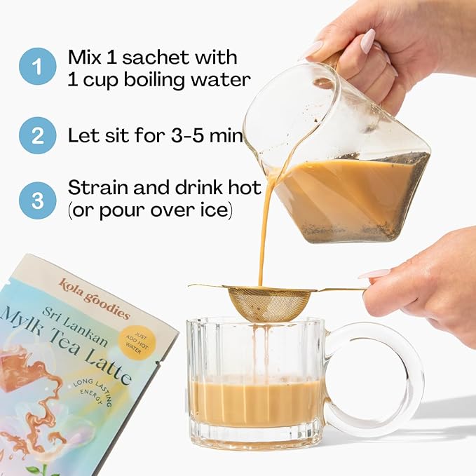 Kola Goodies - Oat Milk Tea Latte - Vegan - Mood Lifter w/Low Caffeine - Made with Loose Leaf Ceylon Tea, Oat Milk Powder, Monk Fruit Sweetener & Raw Coconut Sugar - Ready in 3 Minutes - 10 Sachets