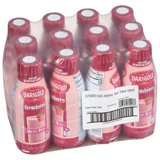 Darigold 1 Percent Milk, Reduced Fat Shelf Stable Milk with 9 Essential Nutrients, 16g Protein, rsBT Free - 14oz, 12 Pack (Strawberry)