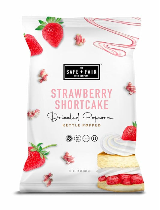 Safe + Fair Food Company Plant-Based Gourmet Strawberry Flavored Popcorn - Strawberry Shortcake Drizzled Kettle Corn Popcorn - Non-GMO + Gluten-Free Snacks,5.5oz