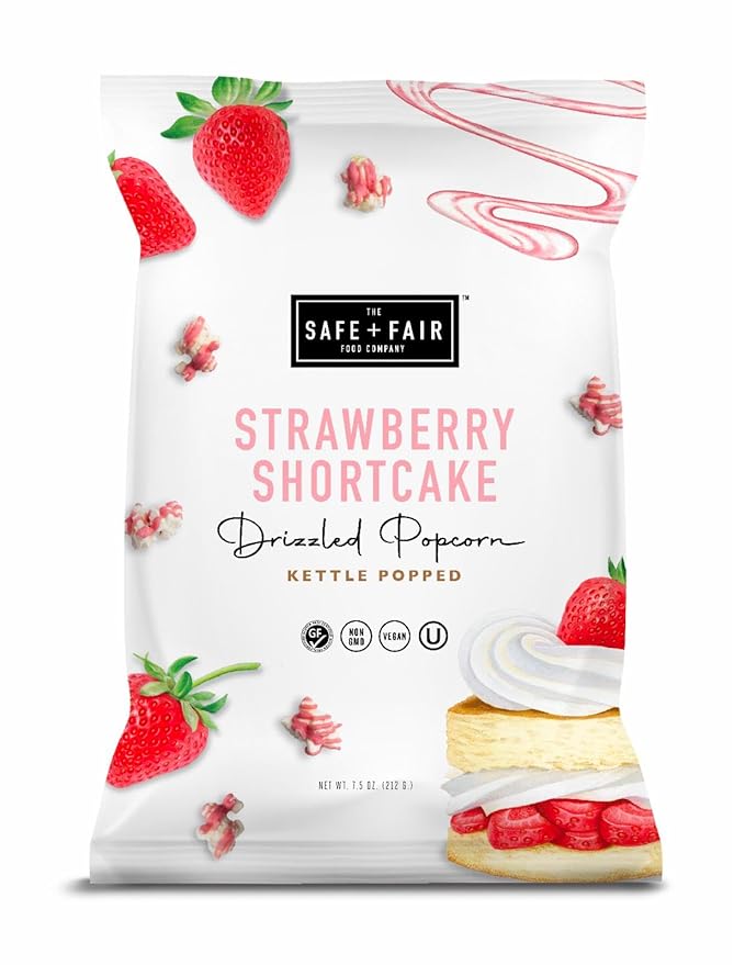 Safe + Fair Plant-Based Gourmet Strawberry Flavored Popcorn - Strawberry Shortcake Drizzled Kettle Corn Popcorn - Non-GMO + Gluten-Free Snacks 5.5oz,6 Pack