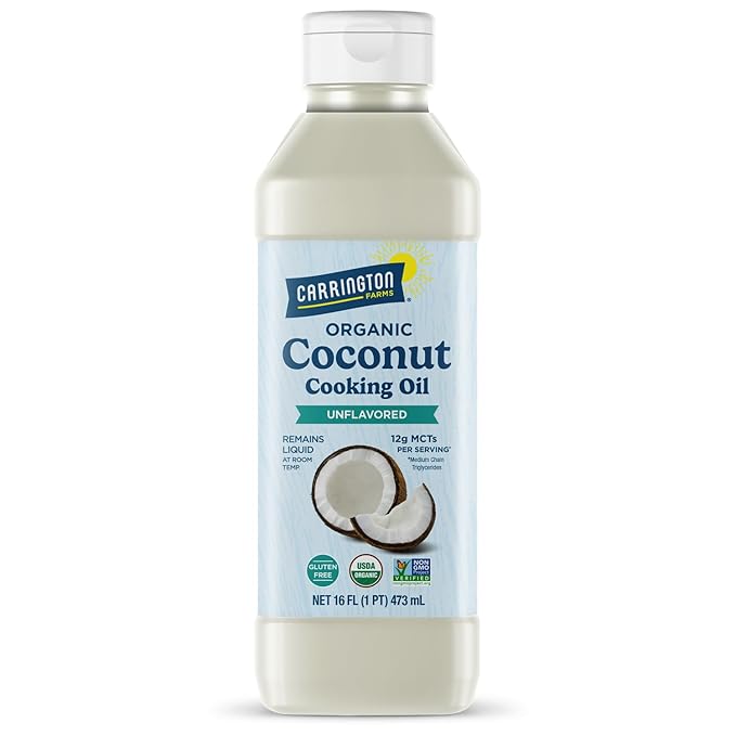 Carrington Farms Organic Liquid Coconut Cooking Oil, 16 Fl Oz ?밬nflavored, Unscented, High Smoke Point, MCT-Rich, No Trans Fat ??For Cooking, Saut챕ing, Frying & Baking ??Gluten Free, Non-GMO, Hexane Free, BPA Free Bottle