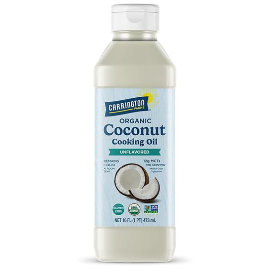 Carrington Farms Organic Liquid Coconut Cooking Oil, 16 Fl Oz ?밬nflavored, Unscented, High Smoke Point, MCT-Rich, No Trans Fat ??For Cooking, Saut챕ing, Frying & Baking ??Gluten Free, Non-GMO, Hexane Free, BPA Free Bottle