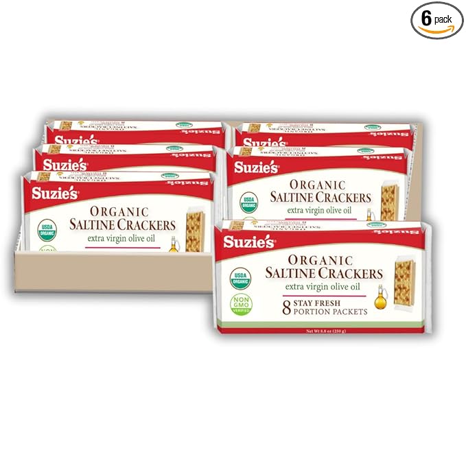 Suzie's Organic Saltines Crackers|Salted w/Extra Virgin Olive Oil|Low Saturated Fat|Healthy Gourmet Baked Vegan Snack for Adults & Children| 6 Packs (48 individual Stay Fresh Packs) - 8.8oz Each