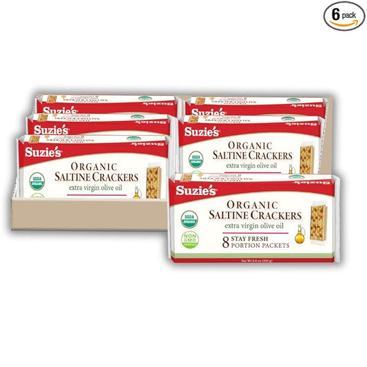Suzie's Organic Saltines Crackers|Salted w/Extra Virgin Olive Oil|Low Saturated Fat|Healthy Gourmet Baked Vegan Snack for Adults & Children| 6 Packs (48 individual Stay Fresh Packs) - 8.8oz Each