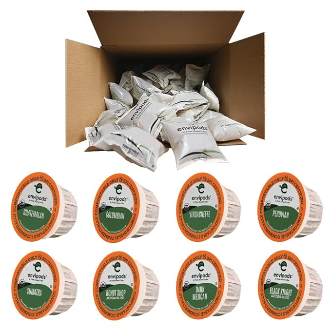 Fresh Roasted Coffee, Jumbo Organic envipods Assortment | BPI Compostable, USDA Organic, Kosher | 80 Count for K Cup Brewers | Not for use in Ninja or Hamilton Beach Brewers