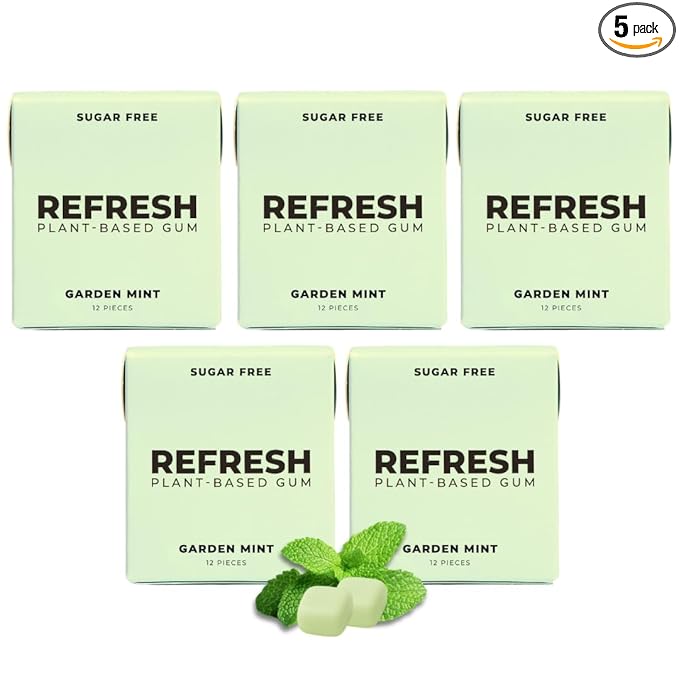 Refresh Gum Fruit Variety Pack – Xylitol, Sugar Free Chewing Gum, Natural Flavor & Organic Ingredients – Long Lasting, Plant-Based, Non-GMO – 12 Pieces, 5 Pack (12 Count (Pack of 5), Garden Mint)