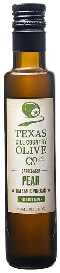 Pear Balsamic Vinegar - Gourmet Barrel Aged Infused Balsamic Vinegar - Great for Dressing Dipping Glazing - No Artificial Flavors or Added Sugar - Made in Texas (8.5 oz)