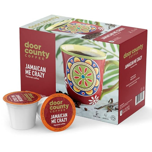 Door County Coffee Jamaican Me Crazyì§?Flavored Ground | 10 Count Single Serve Cups | Medium Roast | 100% Specialty Arabica | Flavored Gourmet | Rum & Vanilla Flavored