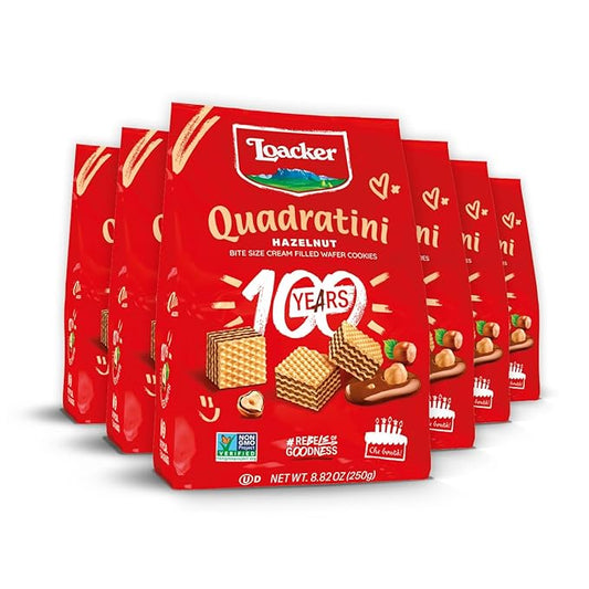 Loacker Quadratini Hazelnut Wafer Cookies LARGE - 30% Less Sugar - Premium Crispy Bite Size Wafers - NON-GMO - LARGE Pack of 6