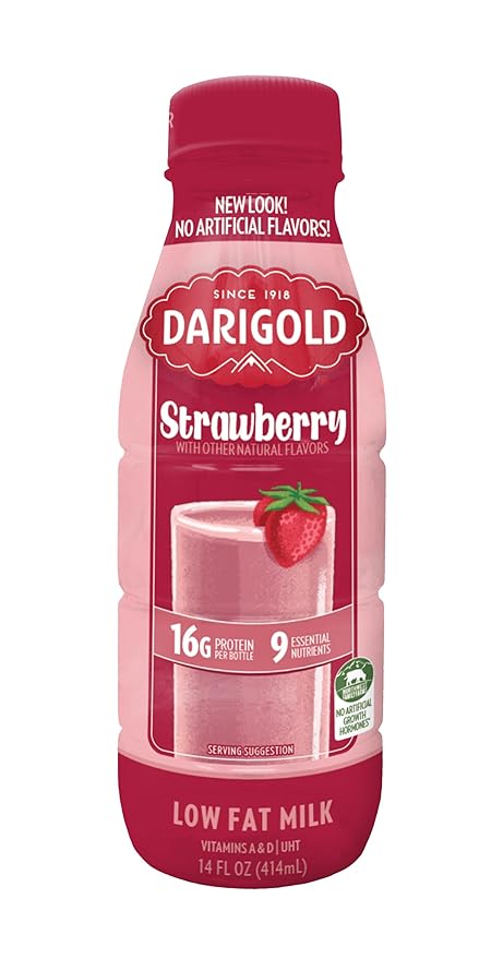 Darigold 1 Percent Milk, Reduced Fat Shelf Stable Milk with 9 Essential Nutrients, 16g Protein, rsBT Free - 14oz, 12 Pack (Strawberry)