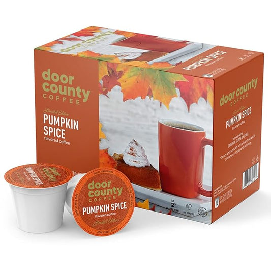 Door County Coffee Pumpkin Spice Fall Flavored Ground | 10 Count Single Serve Cups | Medium Roast | 100% Specialty Arabica | Flavored Gourmet | Cinnamon & Nutmeg