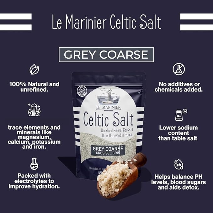 Le Marinier French Sea Salt Grey Coarse, 1.1lb - 18oz. Mineral Rich 100% Natural and Unrefined Sea Salt Organic. Hand Harvested Mineral Salt, Sel Gris (1.1lb Grey Coarse)