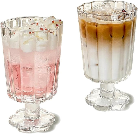 Footed Ice Cream Cups Drinking Glasses Set of 2 (Transparent), Flower Petal Style Glass Goblet, Suitable for Juice, Ice cream, Cocktails, Dessert & More.