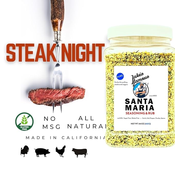 Jake's Famous Santa Maria Seasoning, 22 Oz Grill Seasoning, Tri Tip, Steak, Pork, Chicken, BBQ Rub, Brisket Rub, Sugar Free, Gluten Free, Traditional Style, (1.38 Pounds)