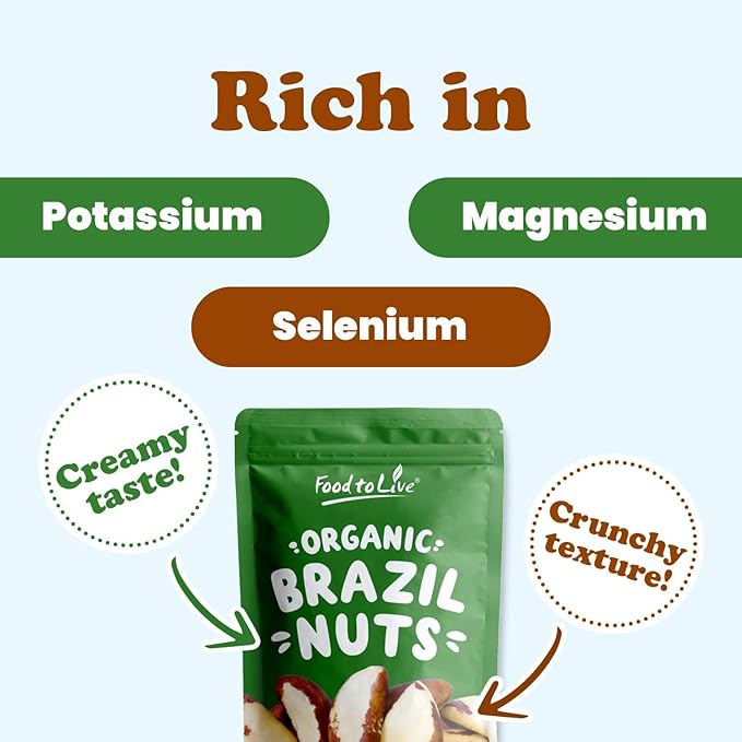 Food to Live Organic Brazil Nuts, 5 Pounds Non-GMO, Raw, Whole, No Shell, Unsalted, Kosher, Vegan, Keto, Paleo Friendly, Bulk, Trail Mix Snack, Good Source of Selenium, Low Sodium & Carb Food