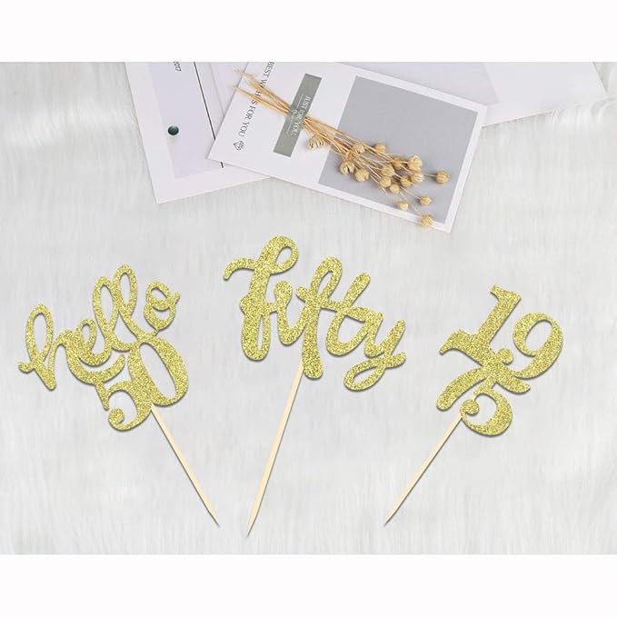 24 Pcs Gold Glitter 50th Birthday Cupcake Toppers for 50th Birthday Celebrating Party Decorations