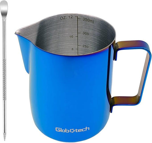 Milk Frothing Pitcher Latte Coffee, Stainless Steel Milk Frother Jug, Espresso Accessories Steaming Froth Cup Cappuccino 12 Oz, 350ml Blue