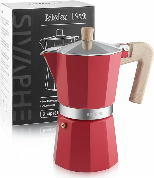 Sivaphe Aluminum Moka Pot 9 Espresso Cups, Percolator Espresso and Coffee Maker, Portable Stovetop Italian and Cuban Cafì±?Brewer for Home and Camping Red