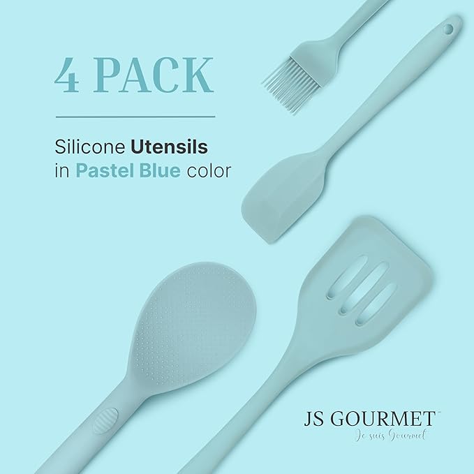 Silicone Utensils 4-Piece Set ??Rubber Spatula, Pastry Brush, Slotted Turner, and Rice Paddle ??Complete Heat-Resistant Set for Non-Stick Cookware ??Kitchen Tools for Cooking and Baking ??Pastel Blue
