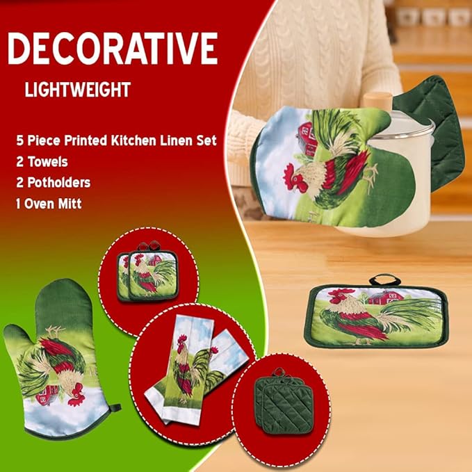 Lobyn Value Packs: 5-Piece Country Kitchen Towel Set ??Proud Rooster & Red Barn Motif, 2 Lightweight Terry Cloth Dish Towels Quilted Oven Mitt & 2 Potholders
