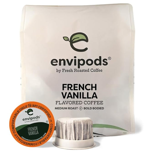French Vanilla Flavored Compostable envipods, Medium Roast, Kosher, 12 Count, for Keurig K Cup Brewers | Not for use in Ninja or Hamilton Beach Brewers